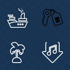 Premium set of outline vector icons. Such as tree, key, music, coconut, home, safe, plant, door, water, secure, internet, button, sign, leaf, military, tropical, house, unlock, weapon, transport, ship