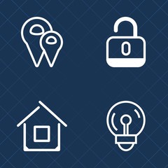 Premium set of outline vector icons. Such as road, padlock, illumination, secure, idea, property, bulb, estate, place, security, protection, energy, gps, unlock, housing, password, home, location, map