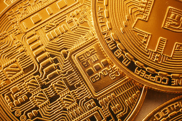 shiny golden bitcoins pattern, gold money wallpaper. digital currency, bit coin, cryptocurrency concept.space for text, digital money investment. technology worldwide network currency