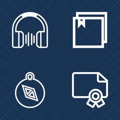 Premium set of outline vector icons. Such as music, sign, web, interface, print, frame, element, compass, coupon, sound, file, earphones, ear, template, success, document, award, audio, south, listen