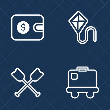 Premium set of outline vector icons. Such as card, leisure, fly, kid, boat, cash, airport, journey, credit, terminal, water, pay, bag, baggage, oar, wooden, sky, fun, wallet, travel, dollar, toy, kite
