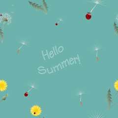 Hello Summer dandelion with ladybugs vector seamless pattern design. Surface pattern design. Great for summer vintage fabric, wallpaper, giftwrap, scrapbooking. Wildflowers on green blue background