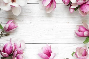Gardinen Kreatives Layout mit rosa Magnolienblüten auf weißem Holzhintergrund. Flach liegen. Ansicht von oben © samael334