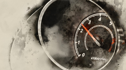 Car tachometer close-up. Watercolor background
