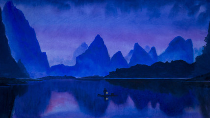 Chinese fisherman with a lamp at dusk