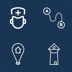 Premium set of outline vector icons. Such as specialist, architecture, surgeon, famous, pin, sky, marker, doctor, urban, health, map, tower, direction, occupation, hospital, point, travel, french, gps