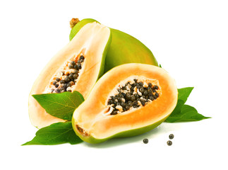 Ripe papaya with leaves  on white background