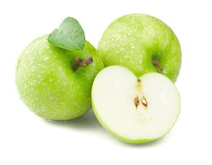 Green apple with leaf isolated on white background