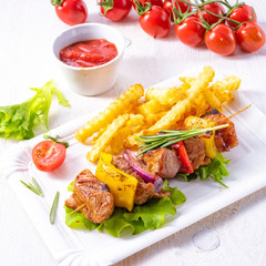 shish kebab skewers with marinated ham meat paprika and red onion
