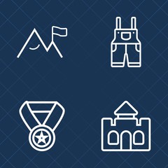 Premium set of outline vector icons. Such as kingdom, men, medieval, victory, tower, graphic, protection, prize, clothing, protective, wear, castle, reward, mountain, success, fresh, palace, fantasy