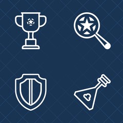 Premium set of outline vector icons. Such as victory, concert, seek, privacy, safe, security, folk, find, look, magnifier, magnifying, magnify, shield, winner, string, wooden, cup, secure, protection
