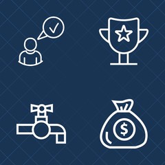 Premium set of outline vector icons. Such as investment, cup, privacy, internet, achievement, money, profile, website, water, security, currency, winner, complete, prize, wash, online, first, bank