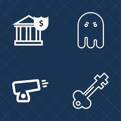 Premium set of outline vector icons. Such as gun, coin, banking, halloween, security, death, army, weapon, cannon, currency, mystery, metal, vintage, economy, holiday, antique, scary, sign, ball, lock