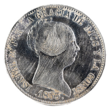 Ancient Spanish silver coin of of Queen Isabel II. 1853. Coined in Madrid. 10 reales. Obverse.