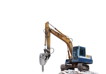 Excavator breaking and drilling the concrete, isolated on white background (with clipping path)