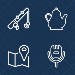 Premium set of outline vector icons. Such as hobby, navigation, tea, karaoke, kitchen, location, coffee, reel, singer, direction, city, entertainment, hot, song, microphone, street, place, white, road