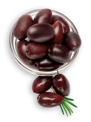 black olives isolated in glass bowl on white background