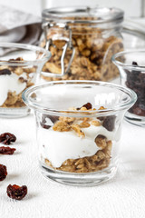 Grnola, raisins, milk in glass jars and various ingredients for a super meal with copy space on a light background
