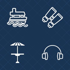 Premium set of outline vector icons. Such as dark, transportation, audio, boat, search, sail, looking, device, stereo, earphone, bar, technology, music, binocular, zoom, see, sound, pub, marine, view