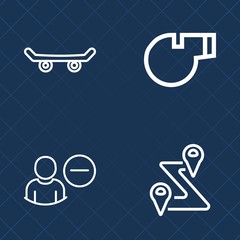 Premium set of outline vector icons. Such as user, equipment, human, sound, gps, lifestyle, whistle, account, remove, game, profile, skateboarding, skate, pointer, skateboard, delete, urban, road, map