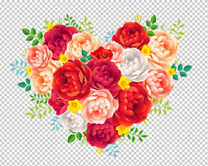 Purple red and pink peony flowers with leaves vector floral heart isolated on transparency grid background