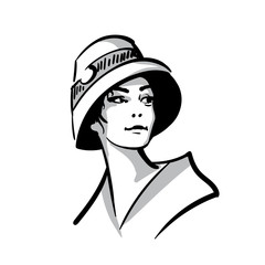 Woman face portrait with hat. Black and white. Illustration.
