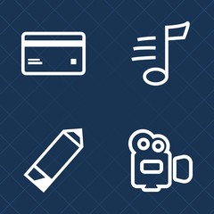 Premium set of outline vector icons. Such as lens, pencil, buy, music, professional, object, shopping, card, plastic, handle, melody, business, tune, art, write, note, bank, equipment, media, currency