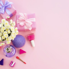 The composition of a Set of Women's accessories, cosmetic items gift cocktail.