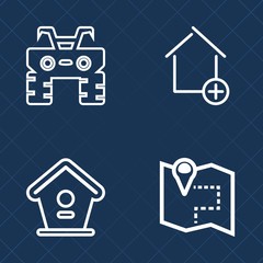 Premium set of outline vector icons. Such as navigation, wooden, gps, construction, wheel, birdhouse, box, home, fun, property, mortgage, bike, extreme, map, buy, motor, real, house, sport, business