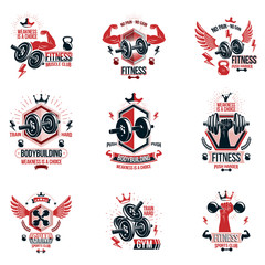 Vector heavy load power lifting theme logotypes and advertising flyers collection created with dumbbells, disc weights sport equipment and strong man body shapes.