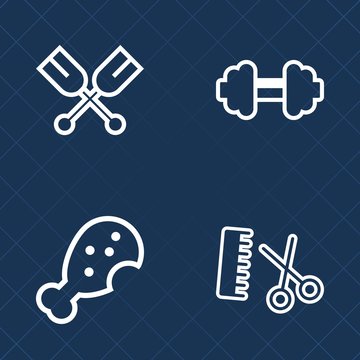 Premium set of outline vector icons. Such as fried, salon, marine, stylist, activity, style, water, kayak, wooden, sportive, hairdresser, oar, boat, river, chicken, fit, food, meat, healthy, sea, meal