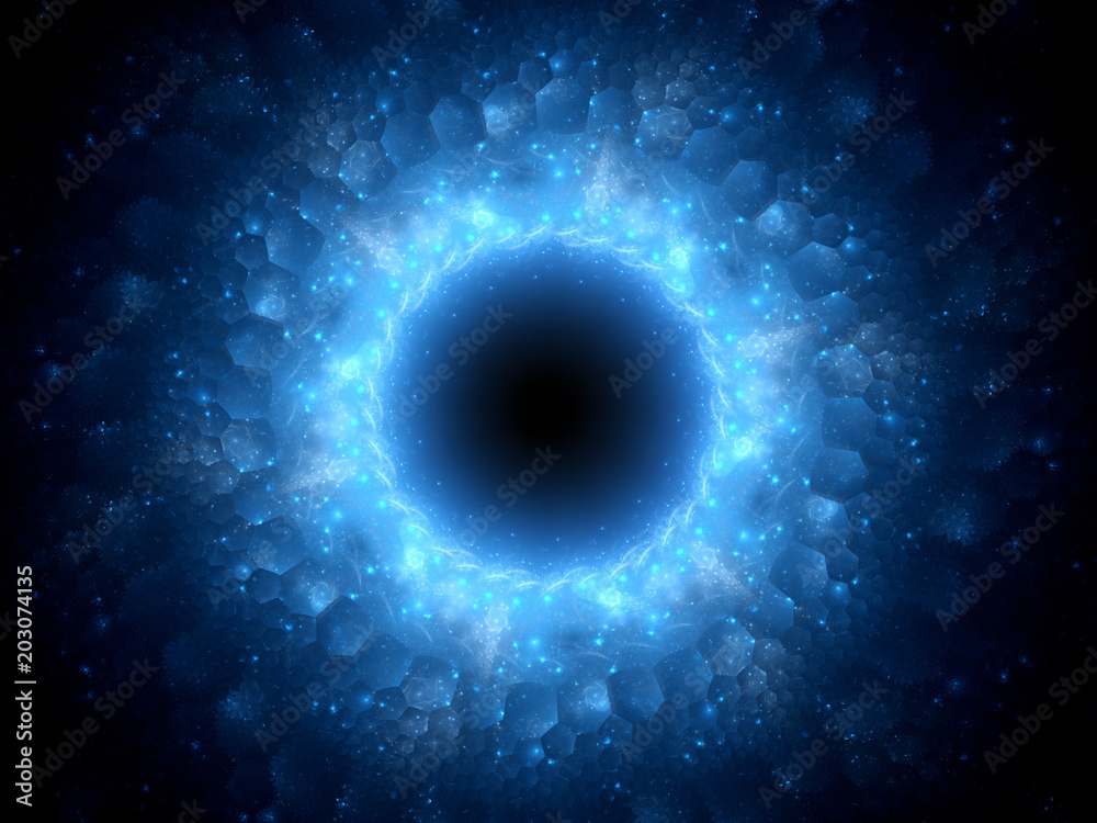 Wall mural blue glowing magical stargate in space with hexagonal patterns