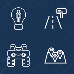 Premium set of outline vector icons. Such as success, light, dirt, concept, metal, place, city, sign, inspiration, extreme, traffic, innovation, motor, pin, race, empty, information, location, terrain