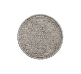 George V King Emperor, Half Rupee India 1928, Indian old Coin or Indian Currency Isolated on White Background
