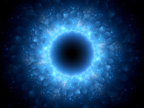 Blue glowing magical stargate in space with hexagonal patterns