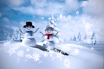 Obraz premium Composite image of snowman family against blue sky with white clouds
