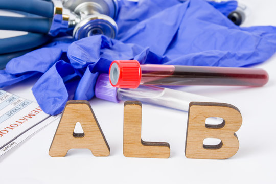 ALB Medical laboratory test acronym or abbreviation of serum albumin, blood proteins. Letters of ALB are near laboratory test tubes with blood, stethoscope, protection gloves and blood test result 