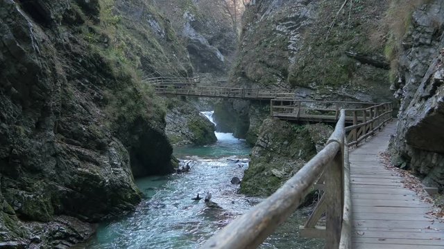 A wooden path and bridge over a river