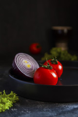 Ingredients for making yogurt sauce on the kitchen table. Vertical. Close up. Selective focus.