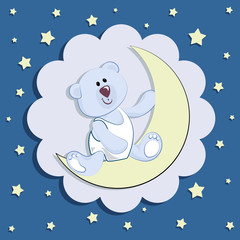  Polar bear cub and a young moon on the background of the starry sky. Fantastic night. Design for children's textiles, banners, posters, emblems for packaging materials. Cartoon style.