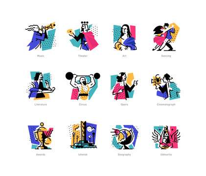 A set of icons on the theme of art forms. Music, choreography, singing, literature, theater, circus.  Hobbies of creative people. Icons for the site, banner and print. Emblems, symbols.