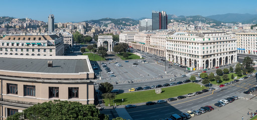 Genoa, Italy, April 28, 2018: Piazza della vittoria with war memorial (arch of victory) view from...
