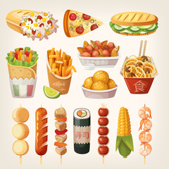 Set of colorful takeaway food that is sold at street in different countries of the world