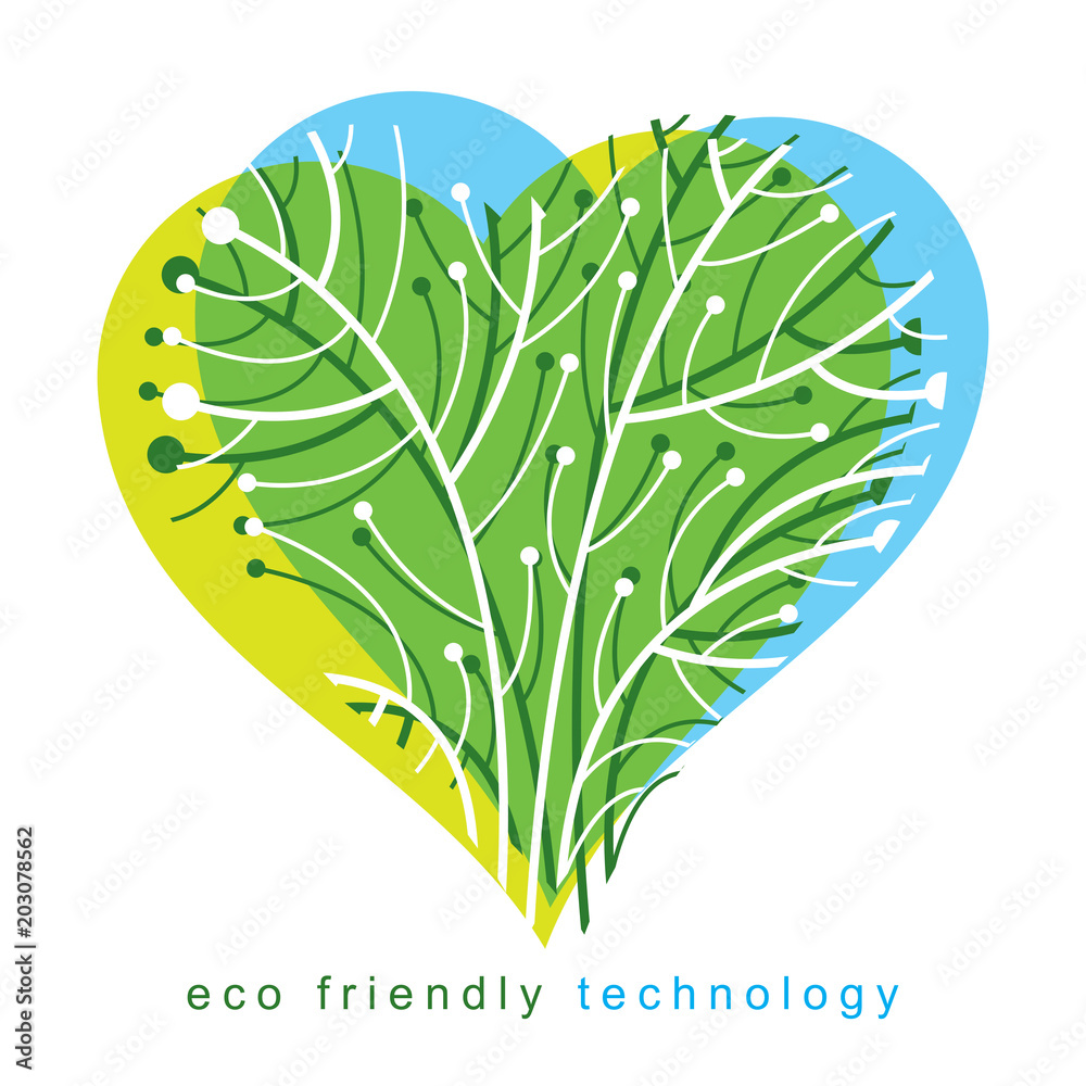 Poster art vector illustration of digital tree in shape of loving heart made using lines mesh as branches. 