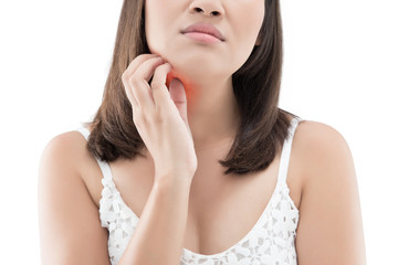 Woman itching his chin isolated on white background