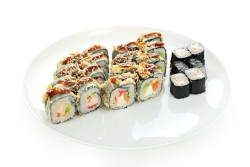 set of sushi on a plate isolated on a white background