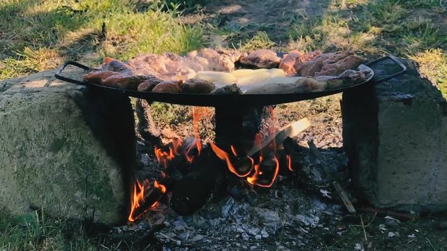 Slow motion of food grilling in a disc grill