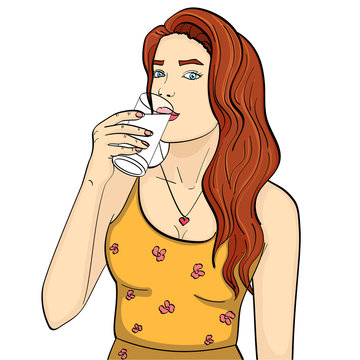 Healthy woman is drinking milk from a glass. Imitation comic style vector. isolated object on white background