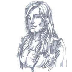 Hand-drawn vector illustration of beautiful romantic woman. Monochrome image, expressions on face of young positive lady, features.