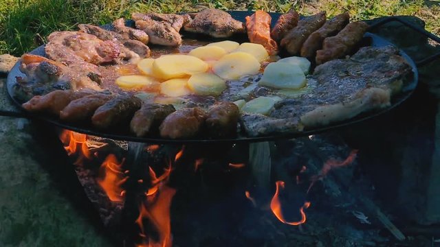 Slow motion of food grilling in a disc grill